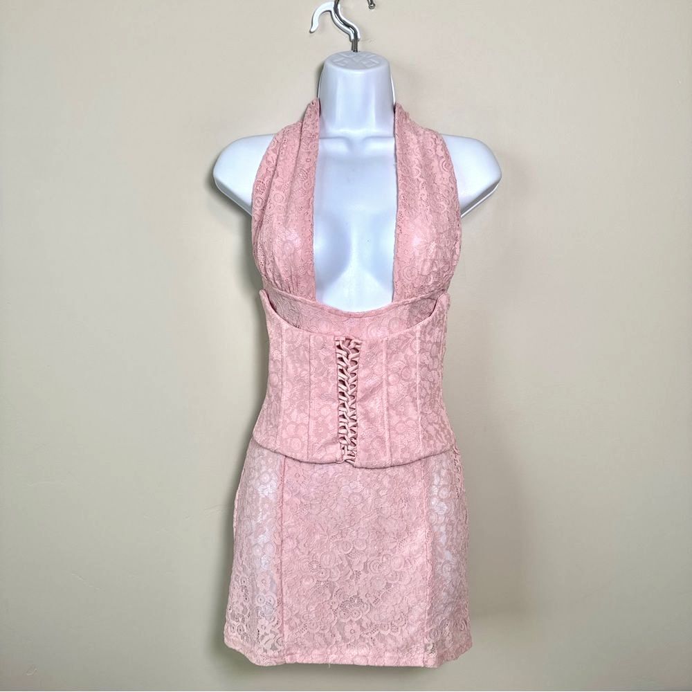 Pink Lace Halter Corset Mini Dress Coquette Y2K Fairycore Bodycon Party Dress - Picture 2 of 14